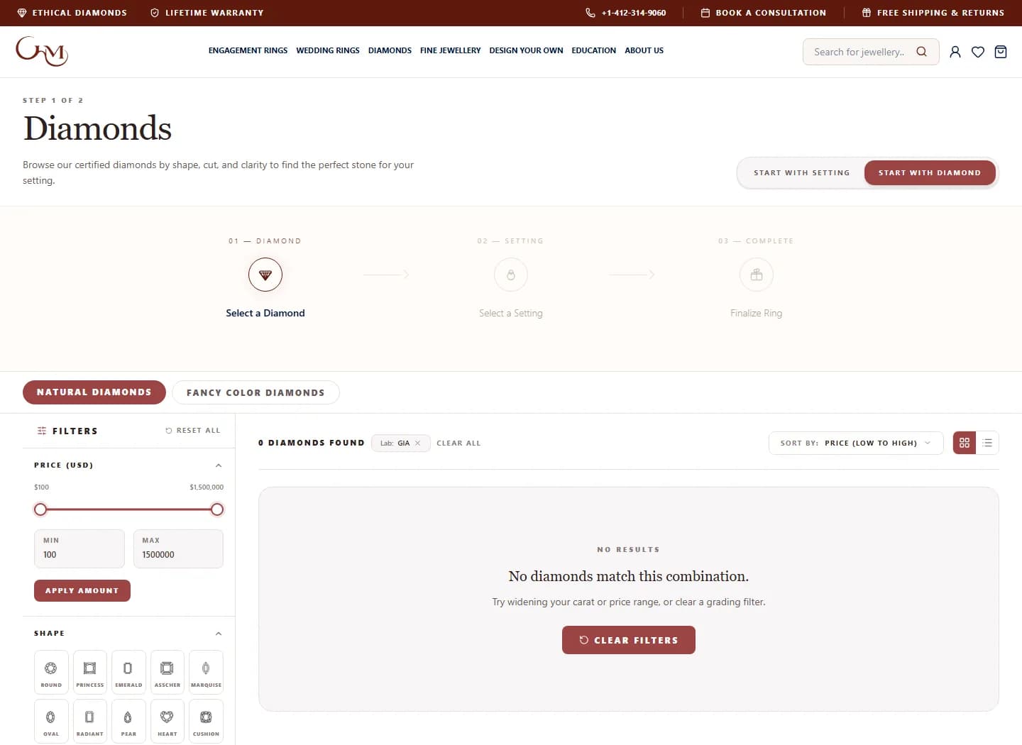 Live GHM jewellery ecommerce demo showing advanced diamond filters and ring-building steps