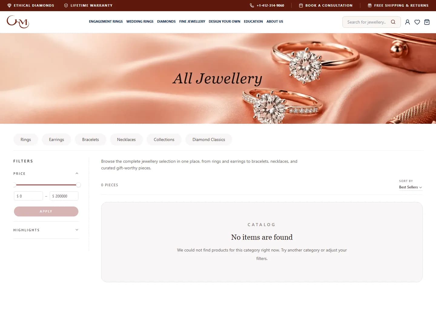 Live GHM jewellery ecommerce demo showing a jewellery catalogue with category navigation and filters