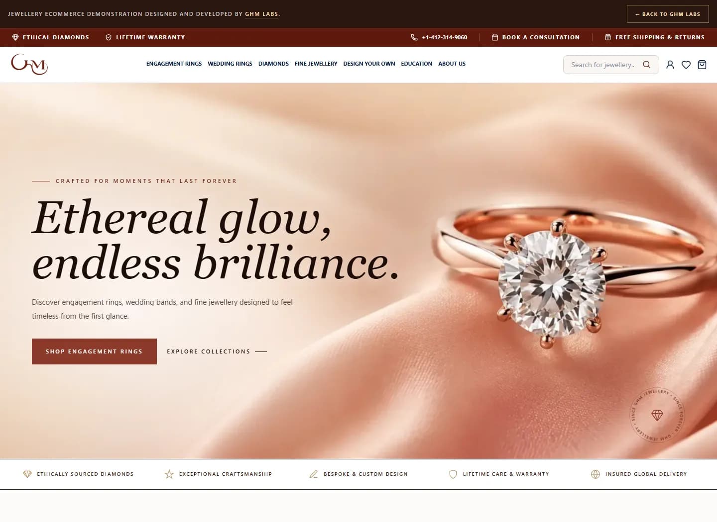 Live jewellery ecommerce demo homepage with luxury editorial design and engagement ring hero