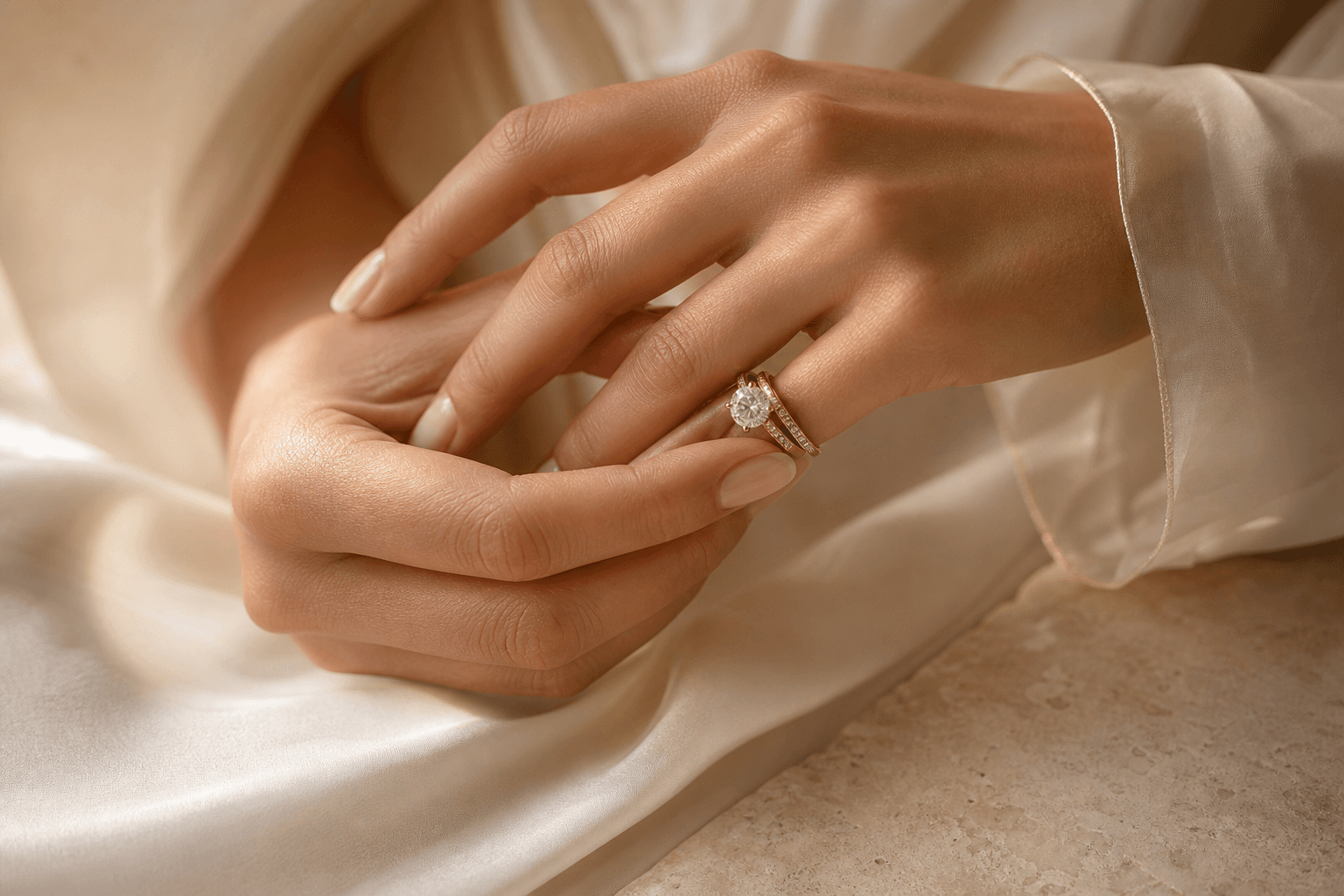 Close-up of a diamond engagement ring and wedding band